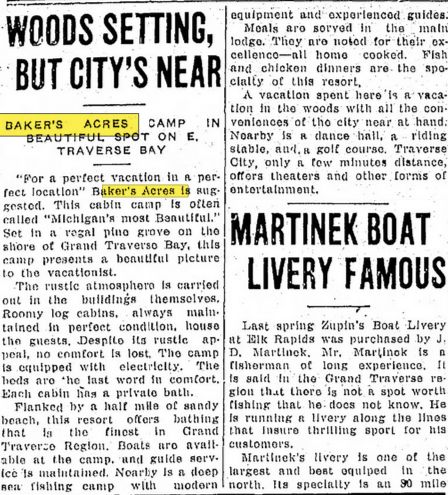 Bakers Acres Motel and Cottages (Waterfront Inn, Tamarack Lodge, Bakers Acres) - June 1938 Article For Original Bakers Acres